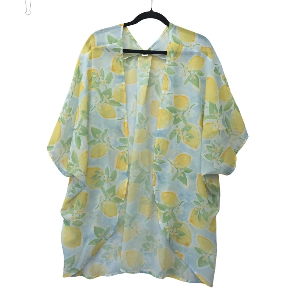 Lemon Print Sheer Kimono Wrap One Size Yellow Blue Fruit Chiffon Cover Up Beach